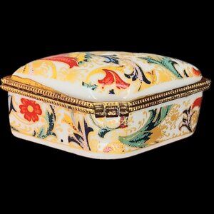 Porcelain Floral Paisley Hinged Ceramic Pill Box Trinket Box Red Yellow Gold